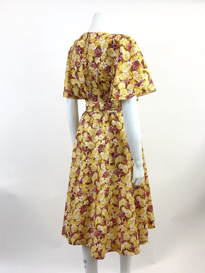 VTG 60s 70s YELLOW RED BROWN FLORAL PSYCHEDELIC BELL SLEEVE SWING DRESS 10 12