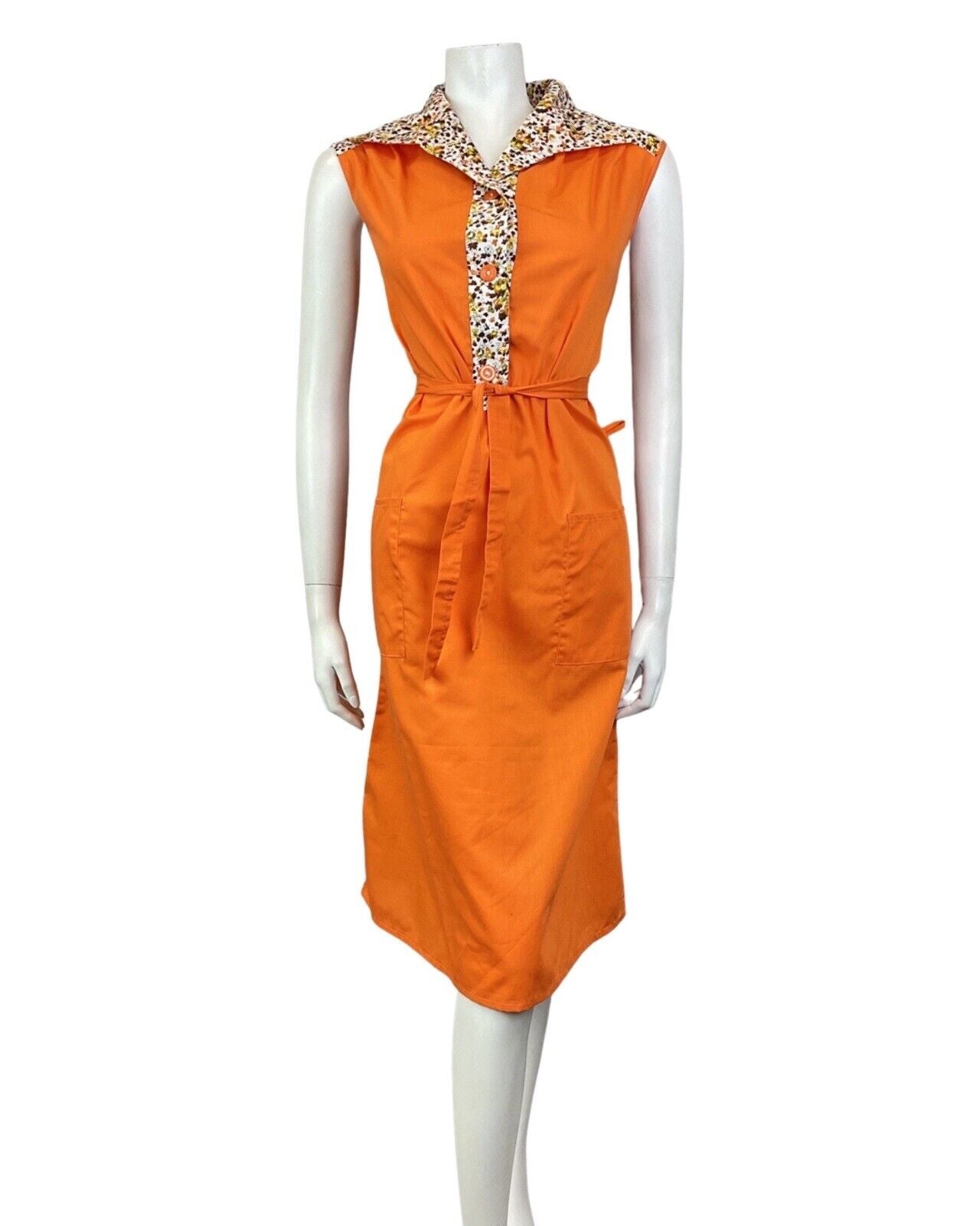 VINTAGE 60s 70s ORANGE YELLOW BROWN FLORAL LEAFY SLEEVELESS SHIRT DRESS 12 14