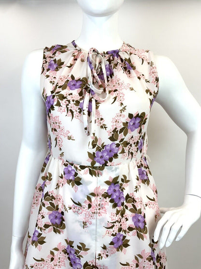 VINTAGE 60s 70s WHITE PURPLE PINK BROWN FLORAL FLOATY SLEEVELESS DRESS 16 18