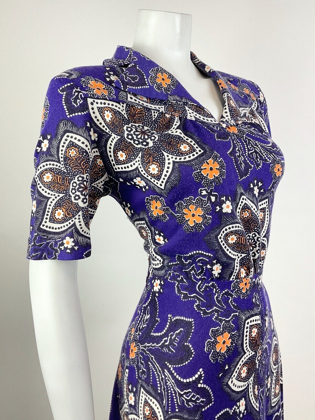 VINTAGE 60s 70s PURPLE WHITE ORANGE PSYCHEDELIC FLORAL DOTTY SHIRT DRESS 12
