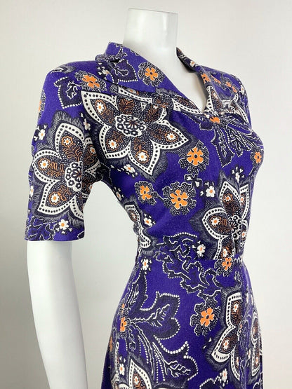 VINTAGE 60s 70s PURPLE WHITE ORANGE PSYCHEDELIC FLORAL DOTTY SHIRT DRESS 12