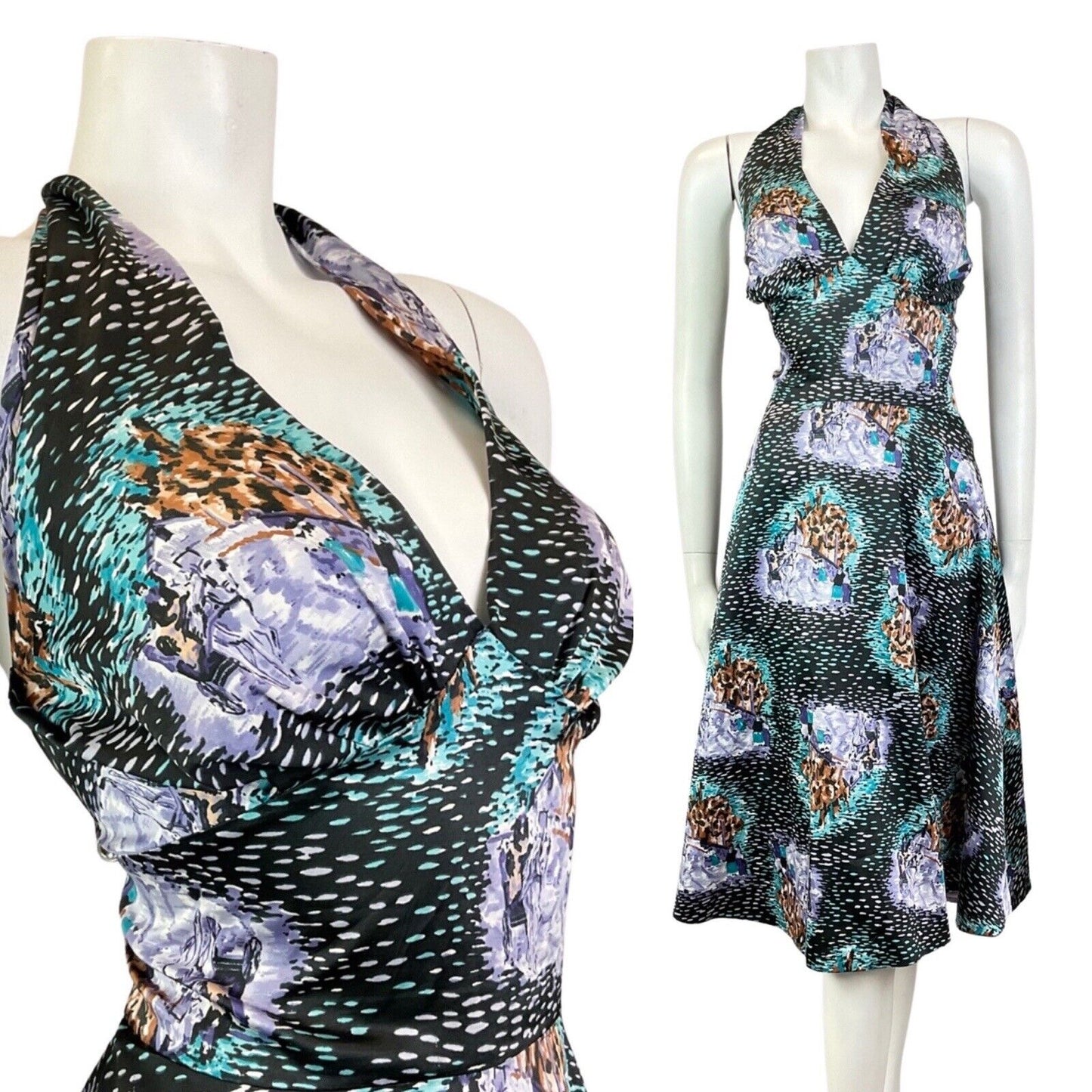 VINTAGE 60s 70s BLACK PURPLE MINT HORSE CART DASH HALTER SWING DRESS 10 12