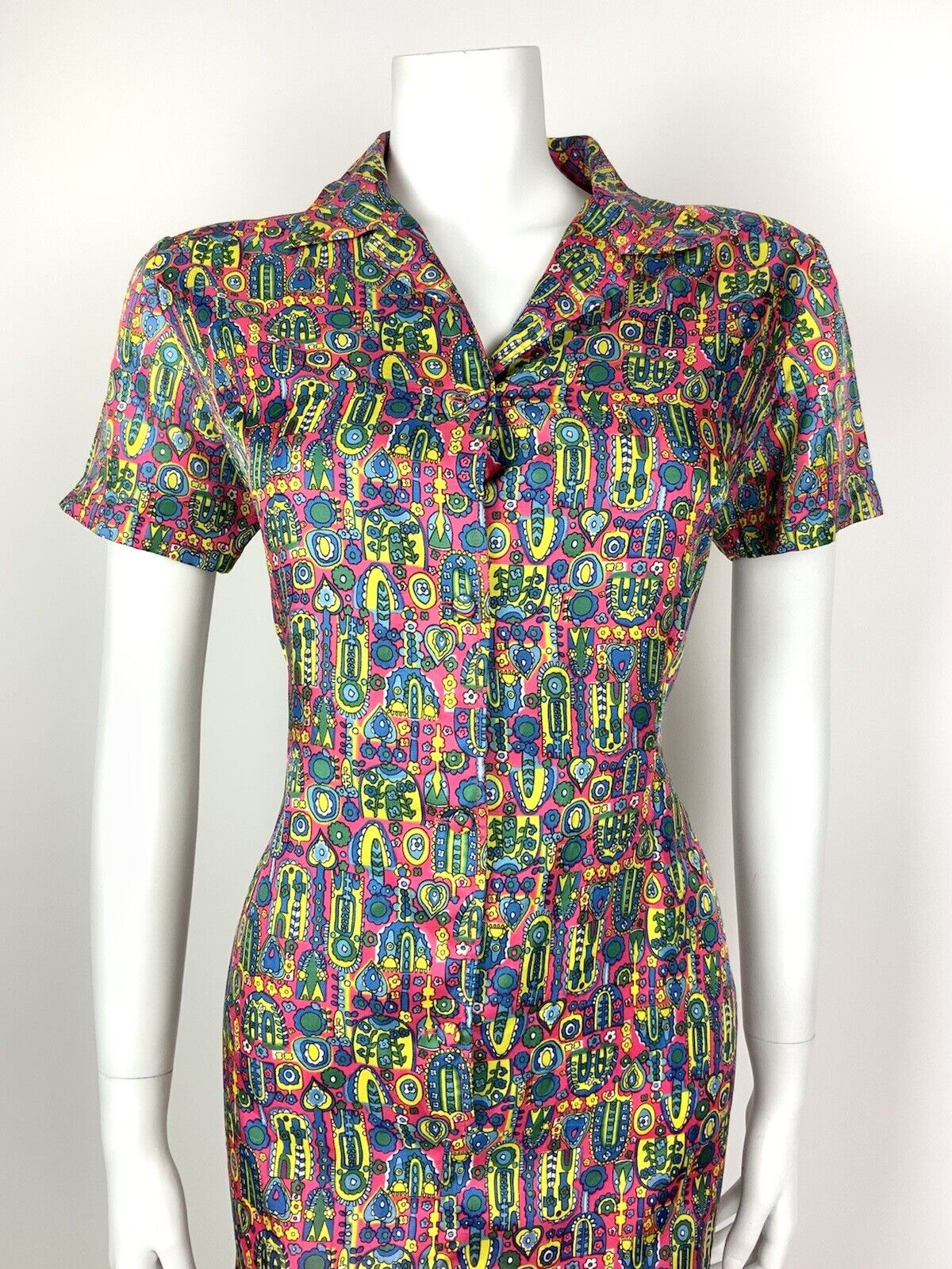 VINTAGE 60s 70s PINK BLUE GREEN YELLOW PSYCHEDELIC FLORAL SHIRT DRESS 12 14