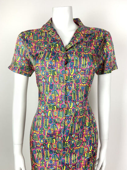 VINTAGE 60s 70s PINK BLUE GREEN YELLOW PSYCHEDELIC FLORAL SHIRT DRESS 12 14