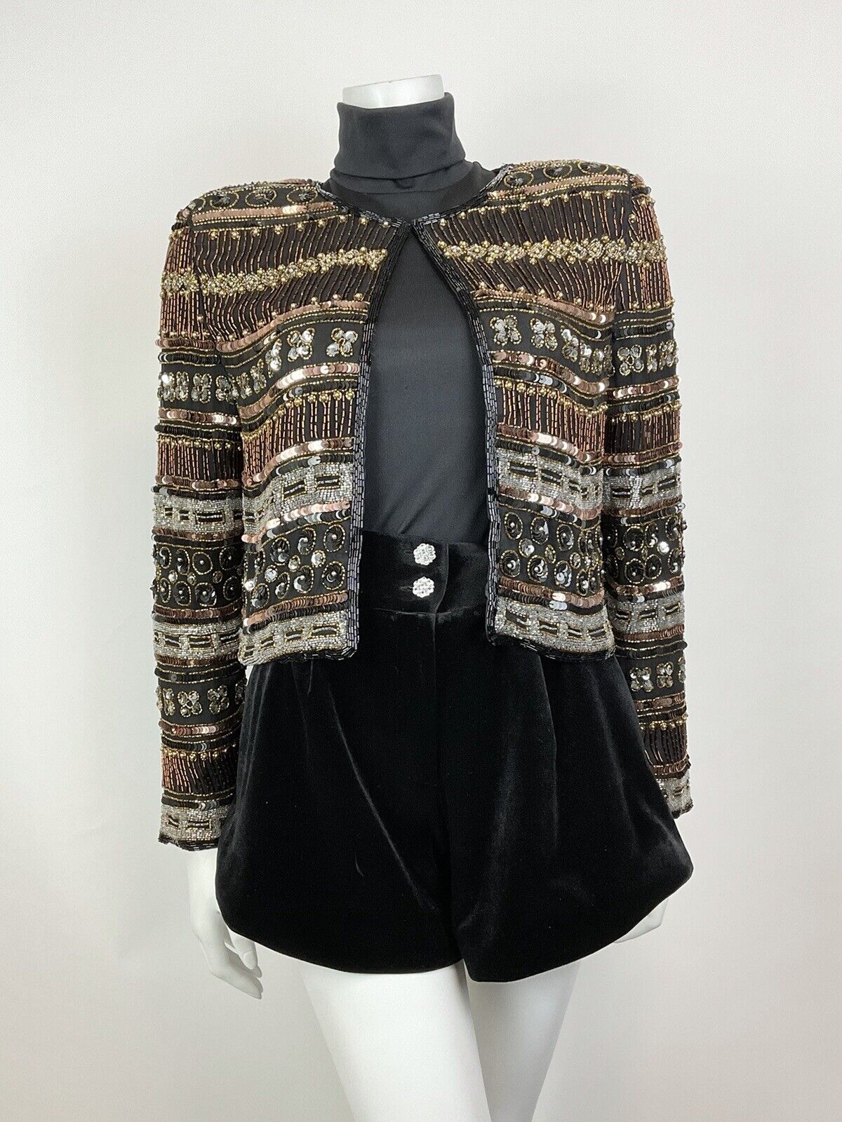VTG 70s BLACK BRONZE SILVER DECO STRIPED BEADED SEQUIN PARTY TROPHY JACKET 8 10