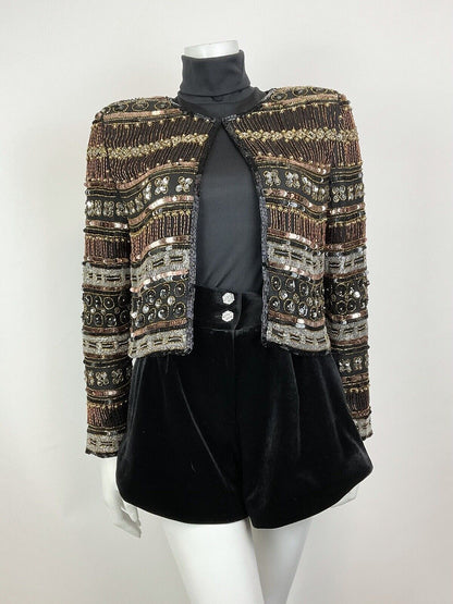 VTG 70s BLACK BRONZE SILVER DECO STRIPED BEADED SEQUIN PARTY TROPHY JACKET 8 10