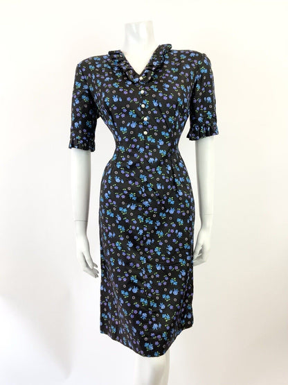 VINTAGE 60s 70s BLACK BLUE PURPLE FLORAL ROSE DAISY FITTED WIGGLE DRESS 10 12