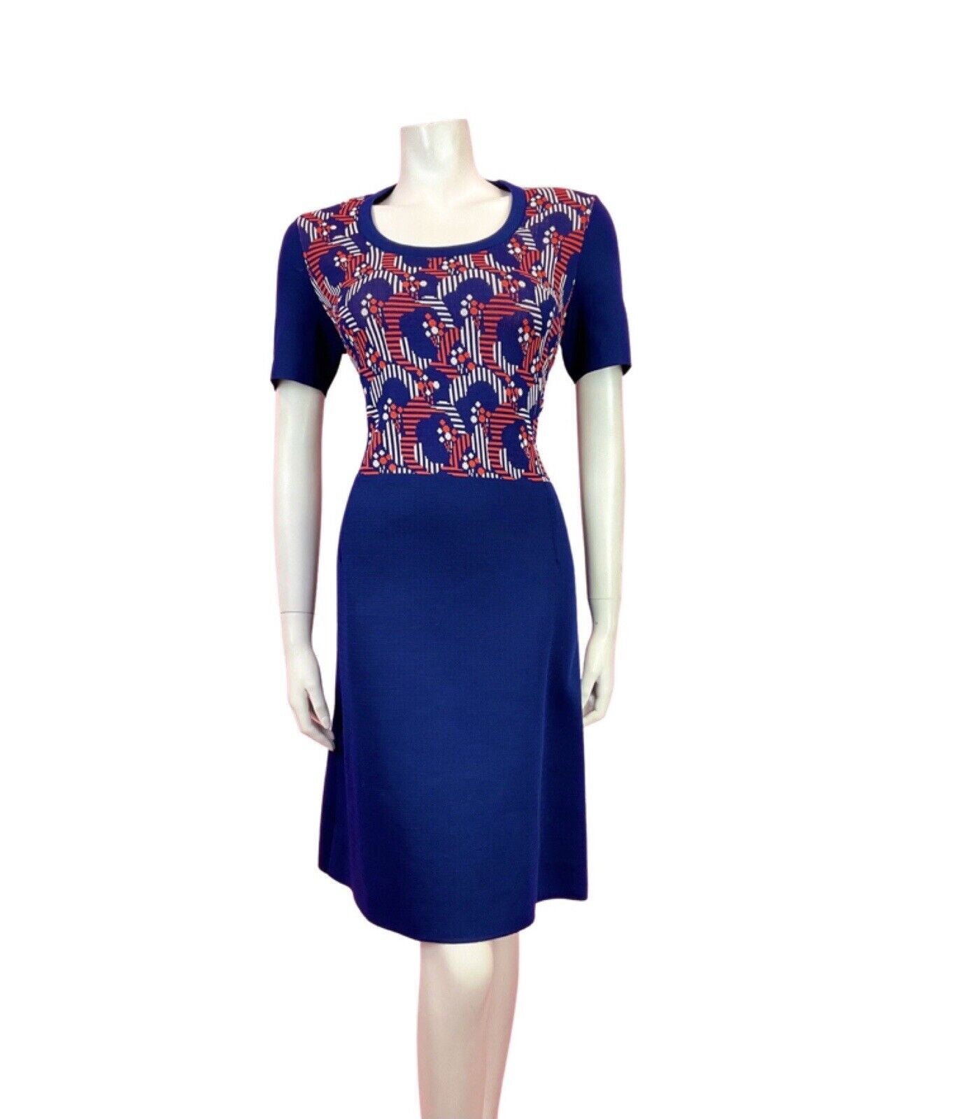 VINTAGE 60s 70s BLUE RED WHITE GEOMETRIC DOTTY MOD KNITTED DRESS 12 14