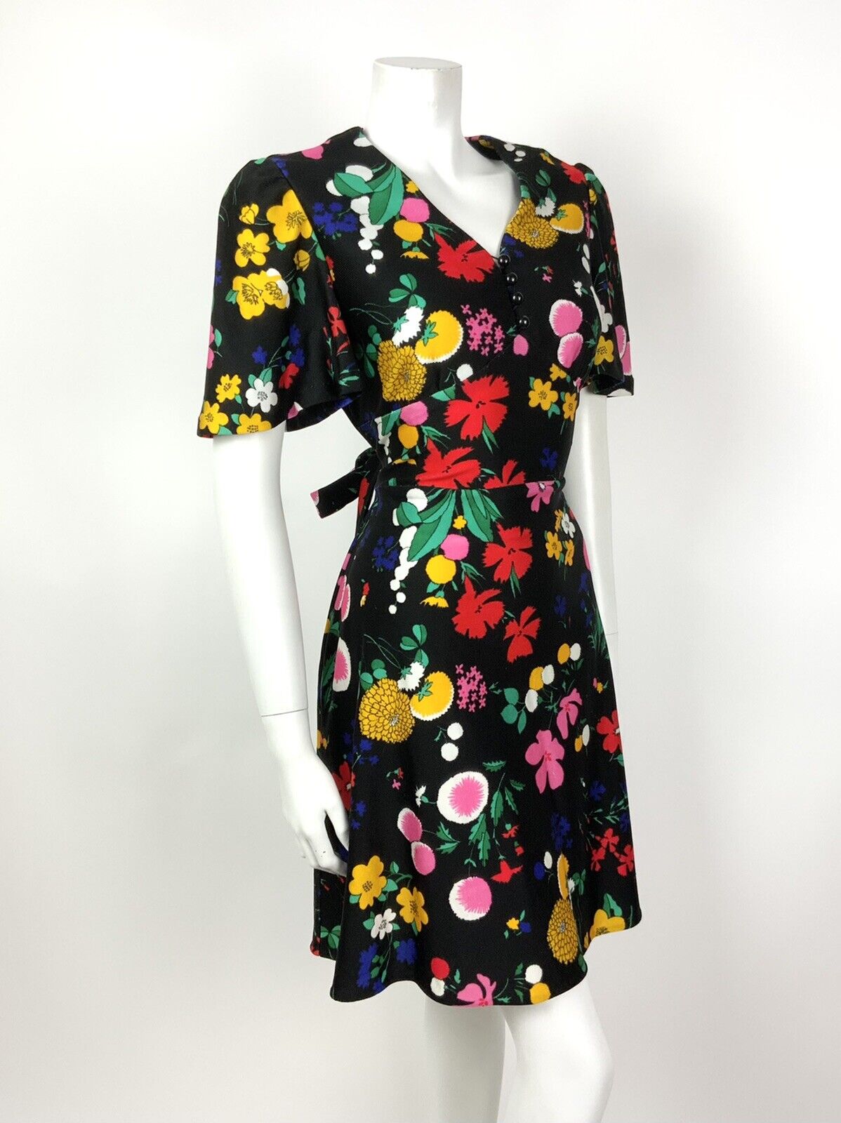 VTG 60s 70s BLACK YELLOW GREEN PINK FLORAL PSYCHEDELIC BELL SWING DRESS 12 14