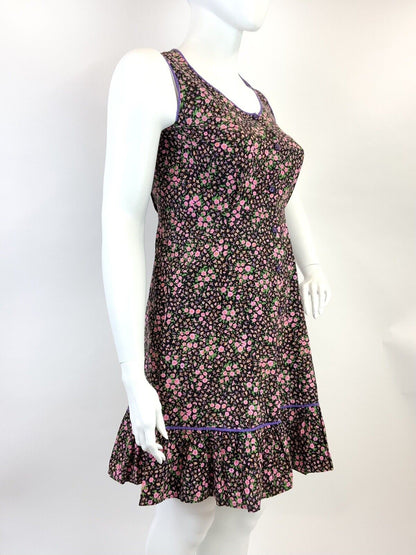 VTG 60s 70s BLACK PURPLE PINK FLORAL DITSY BOHO SLEEVELESS RUFFLE DRESS 16 18