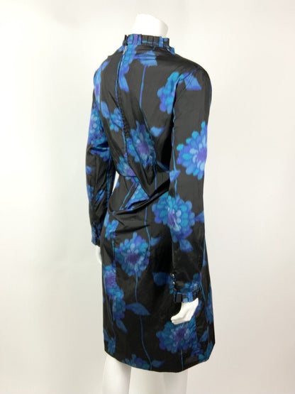 VINTAGE 60s 70s BLACK BLUE PURPLE FLORAL PSYCHEDELIC RUFFLE COLLAR DRESS 14 16