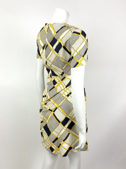 VINTAGE 60s 70s WHITE NAVY BLUE YELLOW GEOMETRIC POLKA-DOT MOD DRESS 10 12