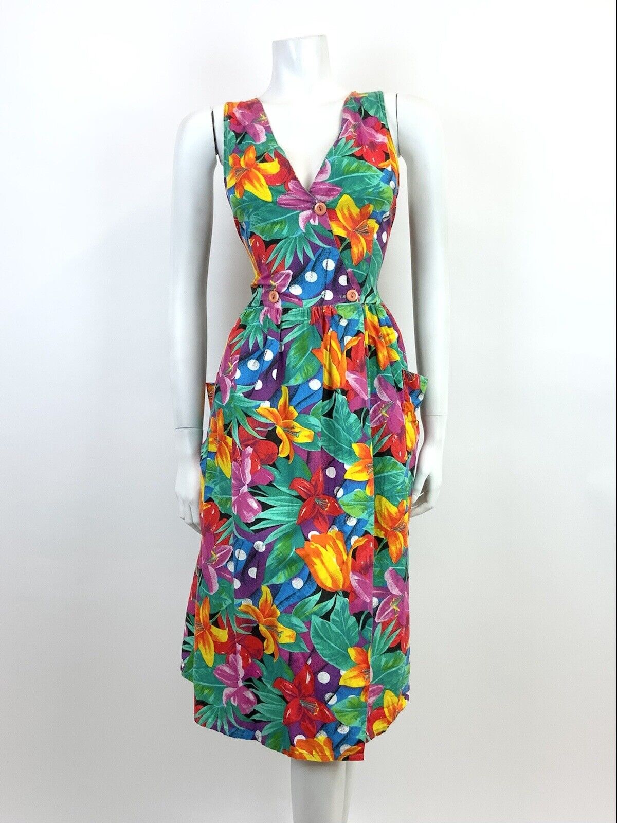 VINTAGE 70s 80s GREEN PURPLE YELLOW FLORAL LILY JUNGLE WRAP DRESS 12