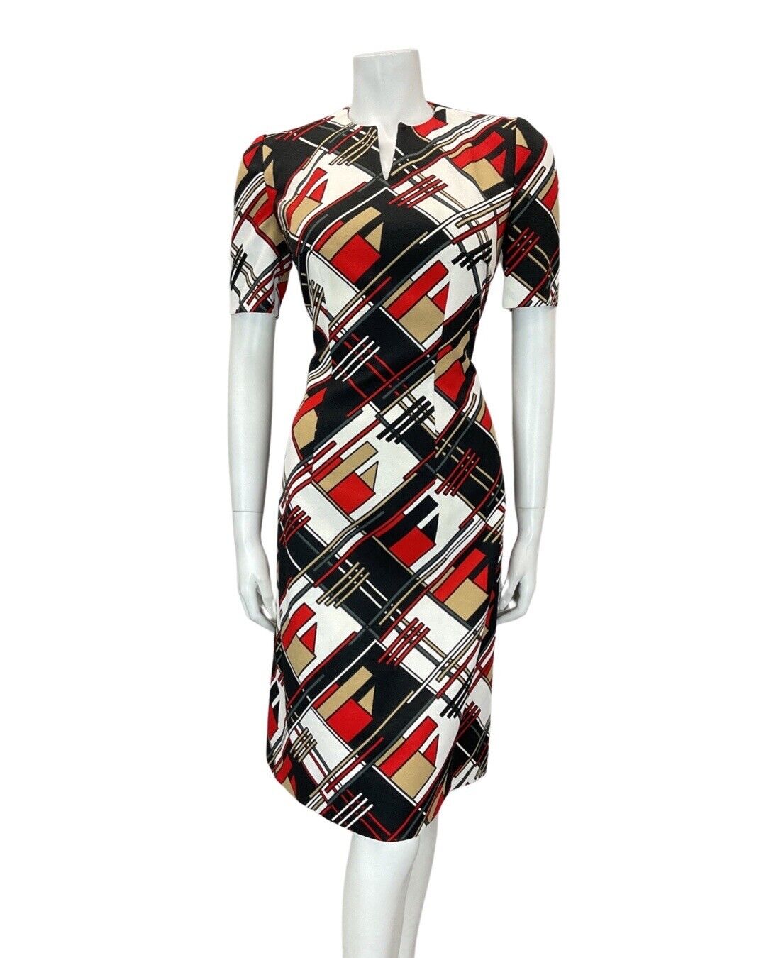 VINTAGE 60s 70s BLACK WHITE RED GEOMETRIC CHECKED MOD FIT & FLARE DRESS 10 12