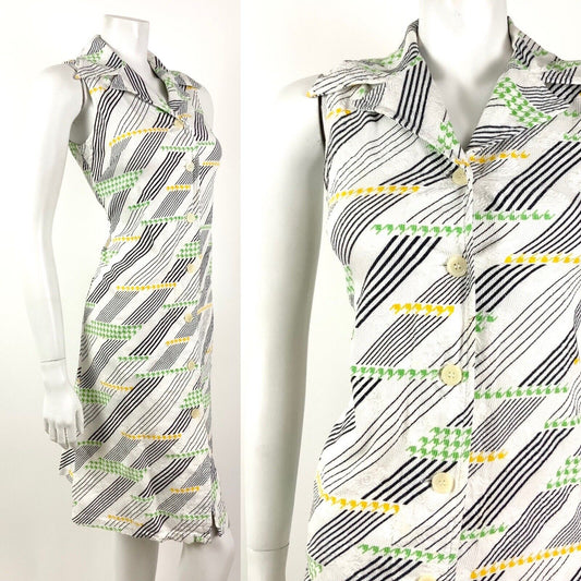 VINTAGE 60s 70s WHITE BLACK GREEN STRIPED HOUNDSTOOTH MOD DAGGER SHIRT DRESS 10