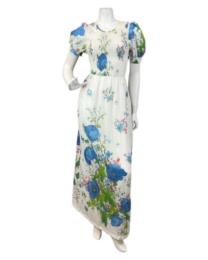 VINTAGE 60s 70s WHITE BLUE GREEN DAISY POPPY FLORAL BOHO PRAIRIE MAXI DRESS 8