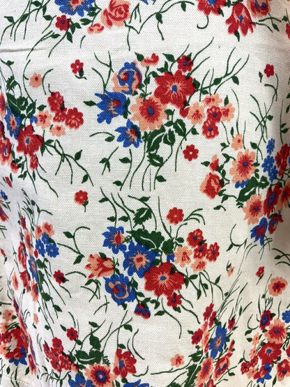 VTG 60s 70s BEIGE RED BLUE GREEN FLORAL VINE BOHO APRON PINAFORE SUMMER DRESS 14
