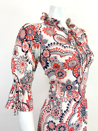VINTAGE 60s 70s WHITE RED BLUE FLORAL MANDALA PSYCHEDELIC MOD RUFFLE DRESS 12 14
