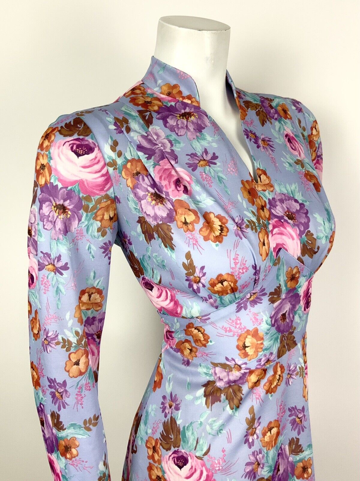 VINTAGE 60s 70s LILAC PINK BLUE ORANGE FLORAL MANDARIN COLLAR SWING DRESS 10 12