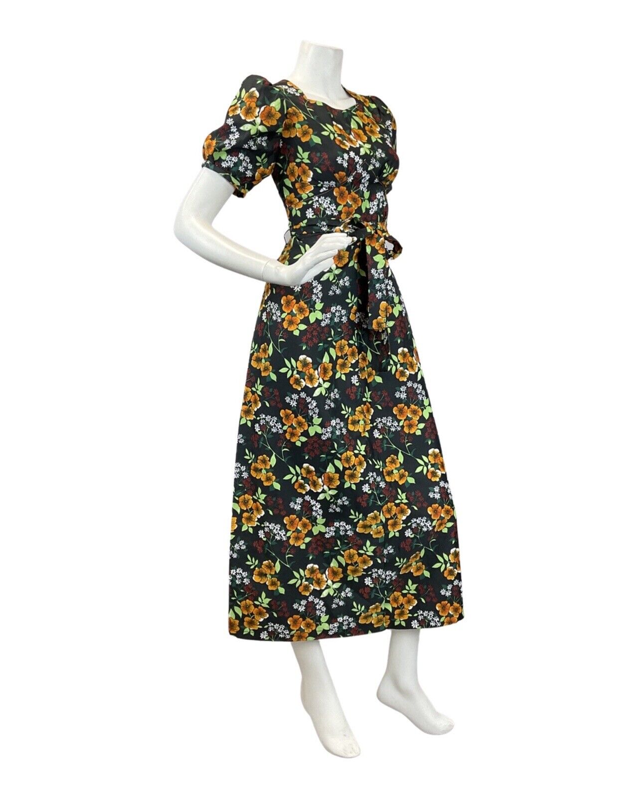 VTG 60s 70s BLACK ORANGE RED FLORAL PSYCHEDELIC PUFF SLEEVE MOD MAXI DRESS 8 10