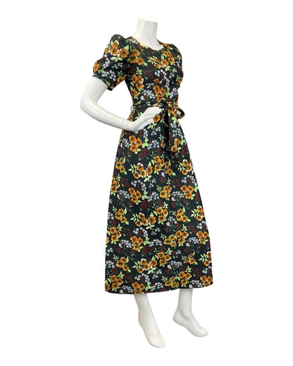 VTG 60s 70s BLACK ORANGE RED FLORAL PSYCHEDELIC PUFF SLEEVE MOD MAXI DRESS 8 10