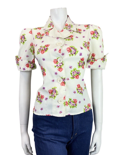 VINTAGE 60s 70s CREAM PURPLE RED FLORAL MOD DAGGER SHIRT BLOUSE TOP 10