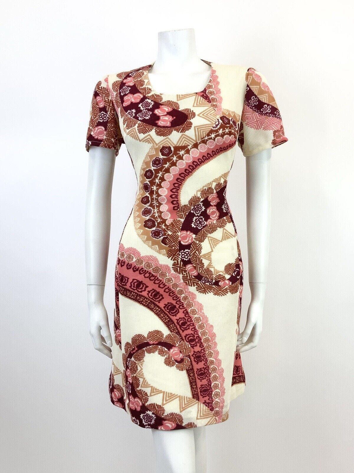 VINTAGE 60s 70s CREAM PINK PURPLE MANDALA HAWAIIAN FLORAL GEOMETRIC DRESS 14 16