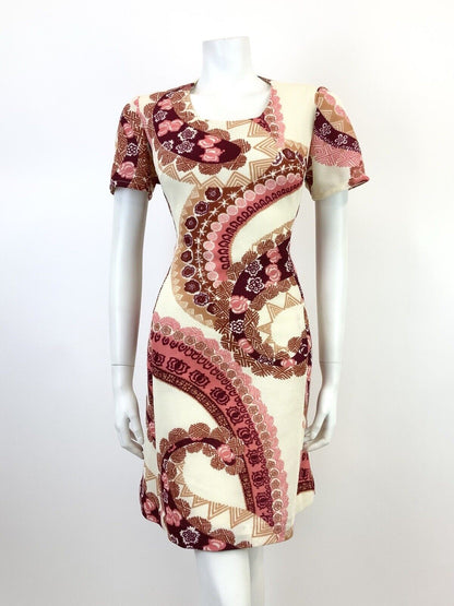 VINTAGE 60s 70s CREAM PINK PURPLE MANDALA HAWAIIAN FLORAL GEOMETRIC DRESS 14 16