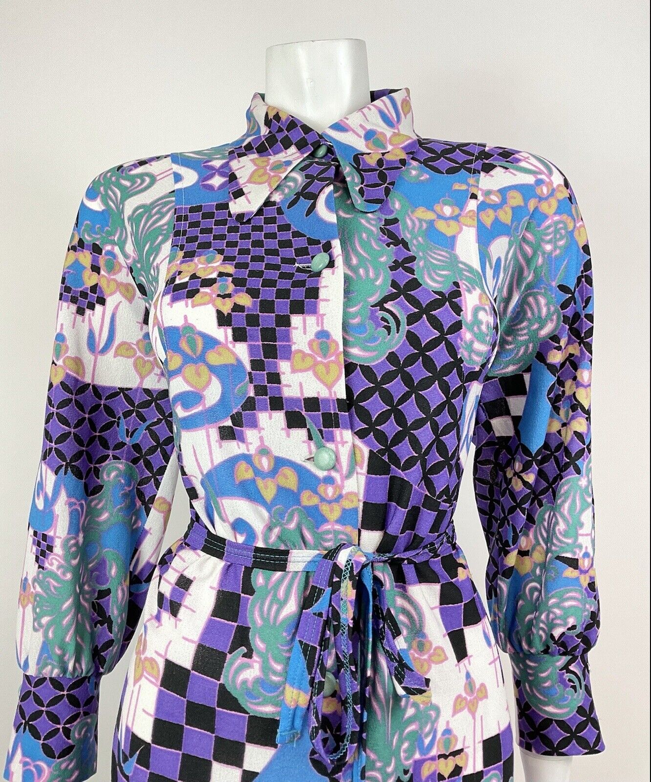 VTG 60s 70s PURPLE GREEN BLACK PSYCHEDELIC CHECKERBOARD DAGGER SHIRT DRESS 12 14