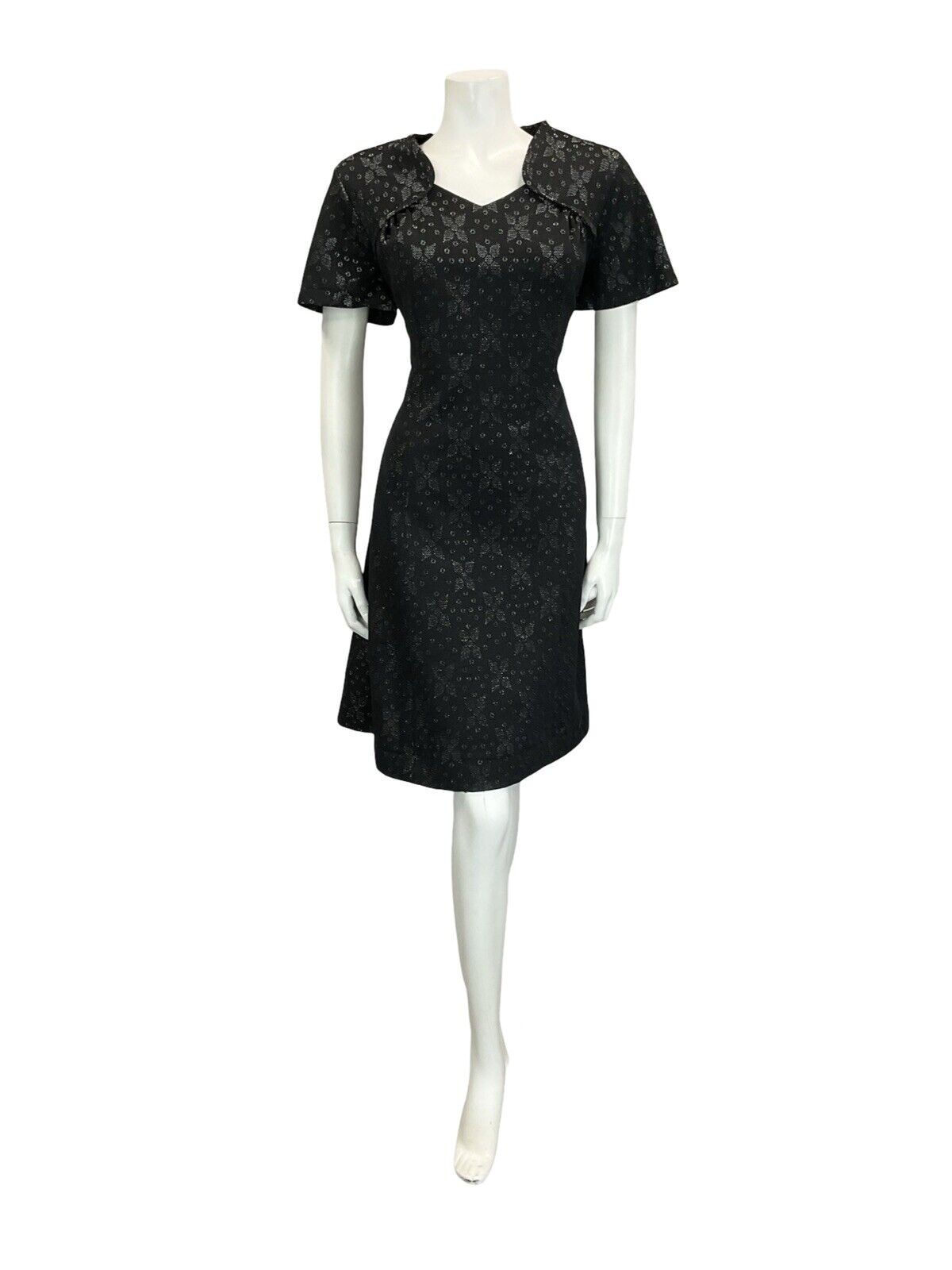 VTG 60S BLACK SILVER GEOMETRIC FLORAL SWEETHEART RUCHED PARTY DRESS 12 14. M