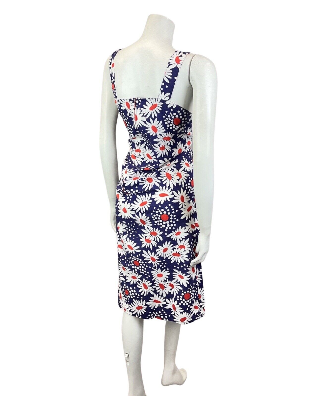 VINTAGE 60s 70s BLUE WHITE RED DAISY FLOWER DOTTY SUMMER APRON DRESS 10
