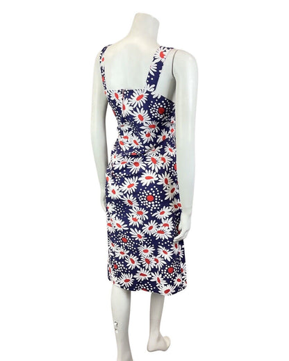 VINTAGE 60s 70s BLUE WHITE RED DAISY FLOWER DOTTY SUMMER APRON DRESS 10