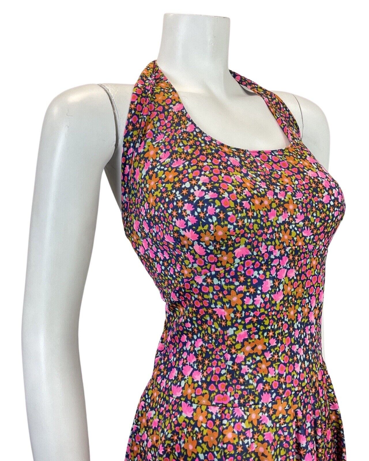 VINTAGE 60s 70s BLUE PINK GREEN DITSY FLOWER HALTER SUMMER SWING DRESS 8 10
