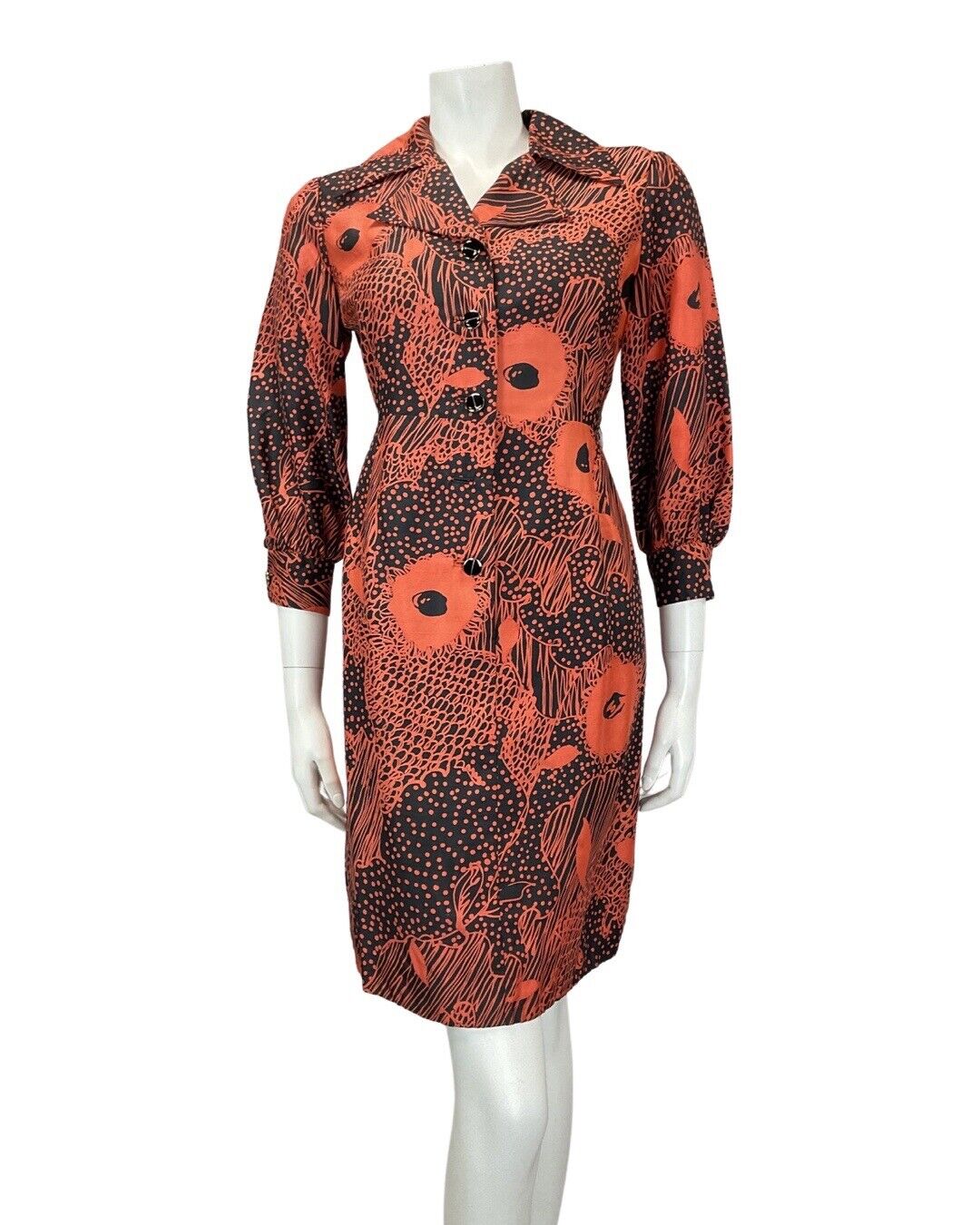 VINTAGE 60s 70s ORANGE BLUE FLORAL PSYCHEDELIC MOD SILK SHIRT DRESS 10
