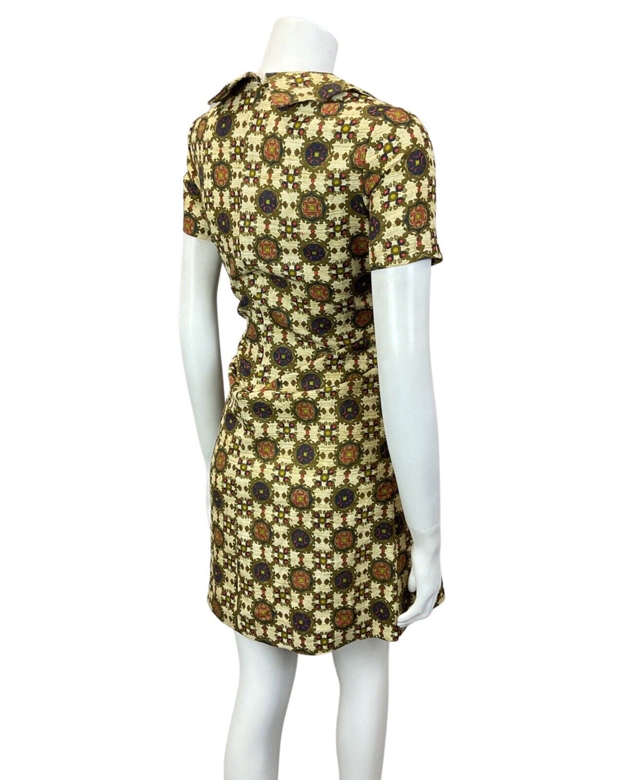 VINTAGE 60s 70s CREAM GOLD BLUE ORNATE CHECKED MOD SHORT SHIRT DRESS 10 12