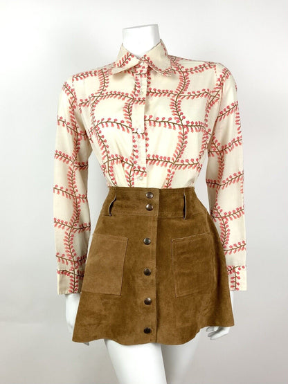 VINTAGE 60s 70s CREAM BROWN PINK GRID CHECKED FLORAL DAGGER SHIRT BLOUSE 14 16