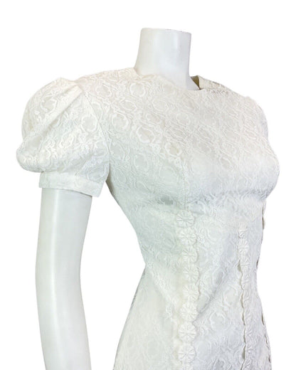 VINTAGE 60s 70s WHITE FLORAL ROSE LACE MOD PUFF SLEEVE SHORT DRESS 8 10