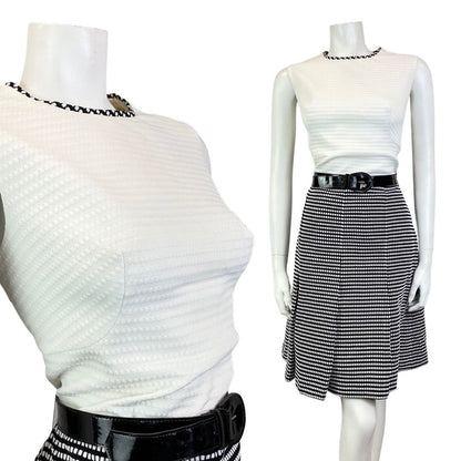 VINTAGE 60s 70s WHITE BLACK CHECKERBOARD BELTED MOD SLEEVELESS DRESS 12