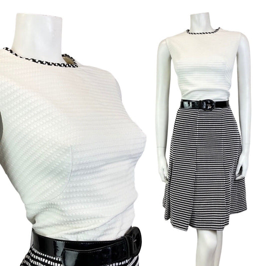 VINTAGE 60s 70s WHITE BLACK CHECKERBOARD BELTED MOD SLEEVELESS DRESS 12