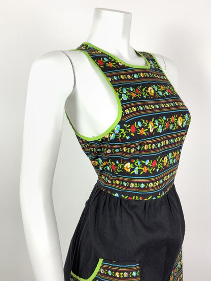 VINTAGE 60s 70s BLACK GREEN RED FLORAL GYPSY STRIPED SLEEVELESS DRESS 8