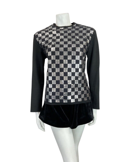 VINTAGE 60s 70s BLACK SILVER CHECKERBOARD MOD DISCO LONGSLEEVE BLOUSE TOP 14 16