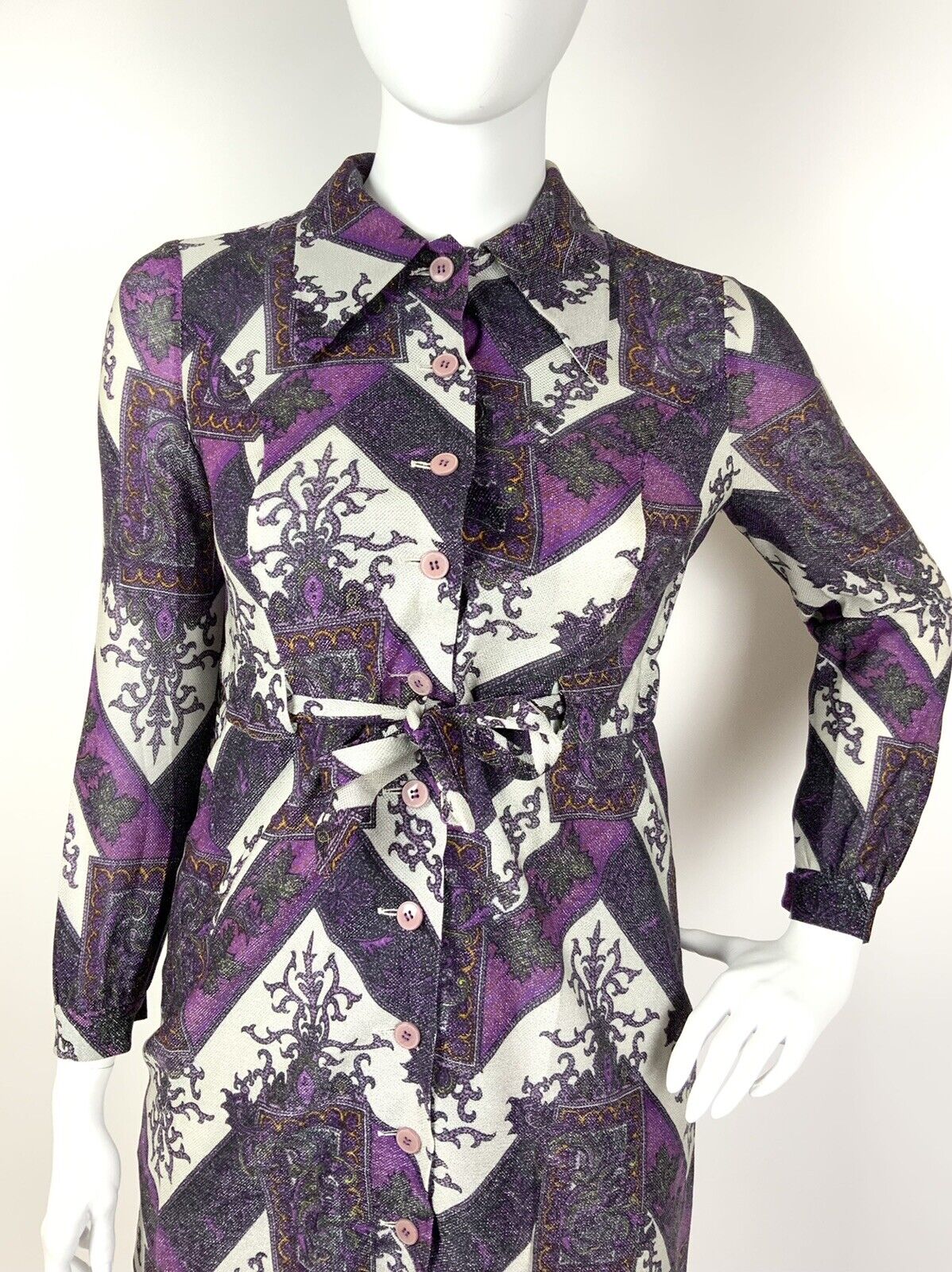 VTG 60s 70s PURPLE WHITE SILVER ZIG-ZAG FLORAL DAGGER COLLAR LUREX DRESS 14 16