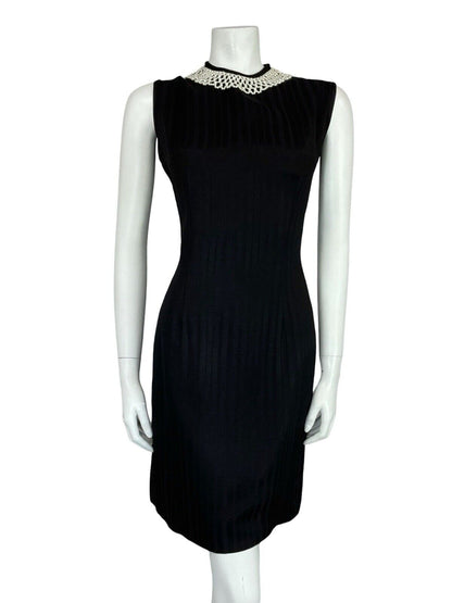VTG 60S MOD BLACK WHITE PEARL BEADED NECKLINE PARTY MINI DRESS 10 11