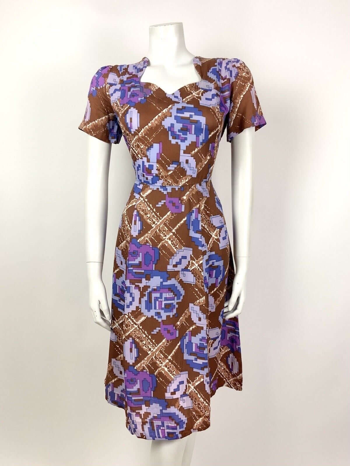 VINTAGE 60s 70s BROWN BLUE PURPLE CHECKED PIXEL FLORAL PSYCHEDELIC DRESS 12 14