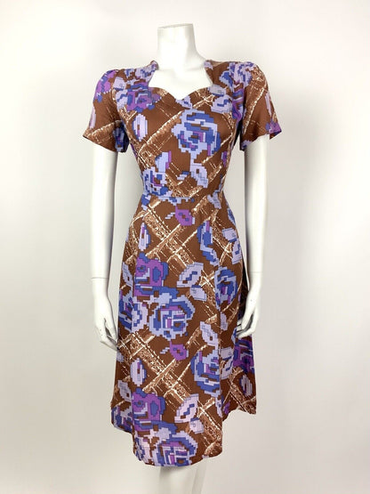VINTAGE 60s 70s BROWN BLUE PURPLE CHECKED PIXEL FLORAL PSYCHEDELIC DRESS 12 14