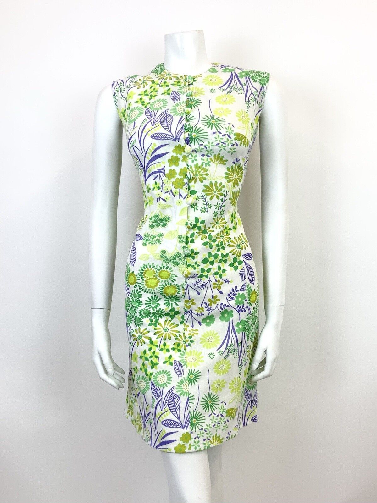 VINTAGE 60s 70s WHITE GREEN PURPLE FLORAL PSYCHEDELIC SLEEVELESS DRESS 10 12