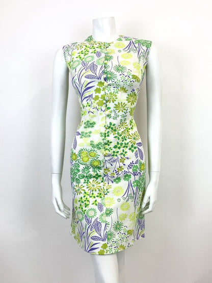 VINTAGE 60s 70s WHITE GREEN PURPLE FLORAL PSYCHEDELIC SLEEVELESS DRESS 10 12