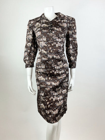 VTG 60s 70s BROWN WHITE SILVER PSYCHEDELIC SCALES SPOON COLLAR SHIRT DRESS 14 16