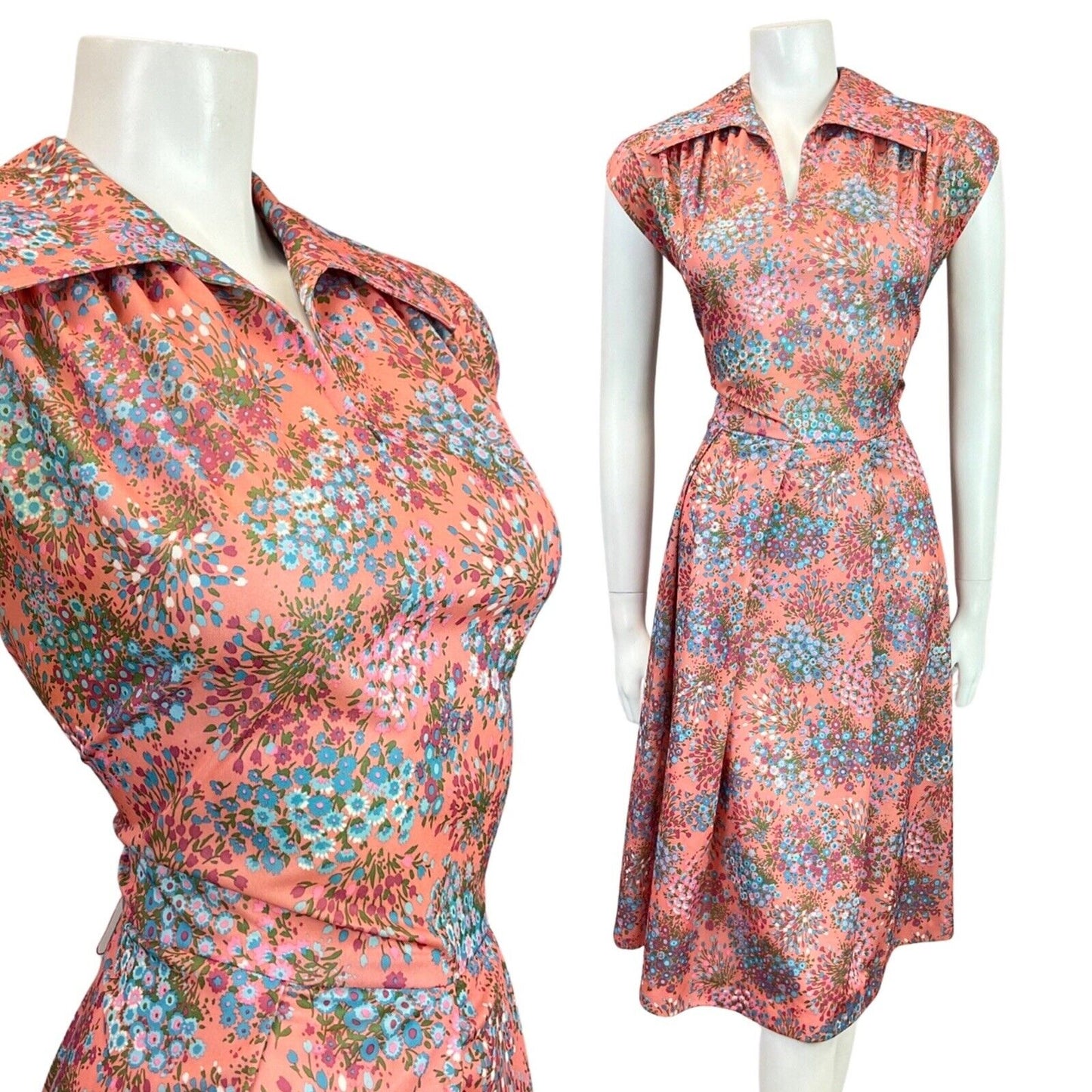 VINTAGE 60s PEACH BLUE PURPLE FLORAL BOUQUET DITSY WING COLLAR TEA DRESS 10 12