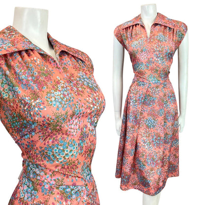 VINTAGE 60s PEACH BLUE PURPLE FLORAL BOUQUET DITSY WING COLLAR TEA DRESS 10 12